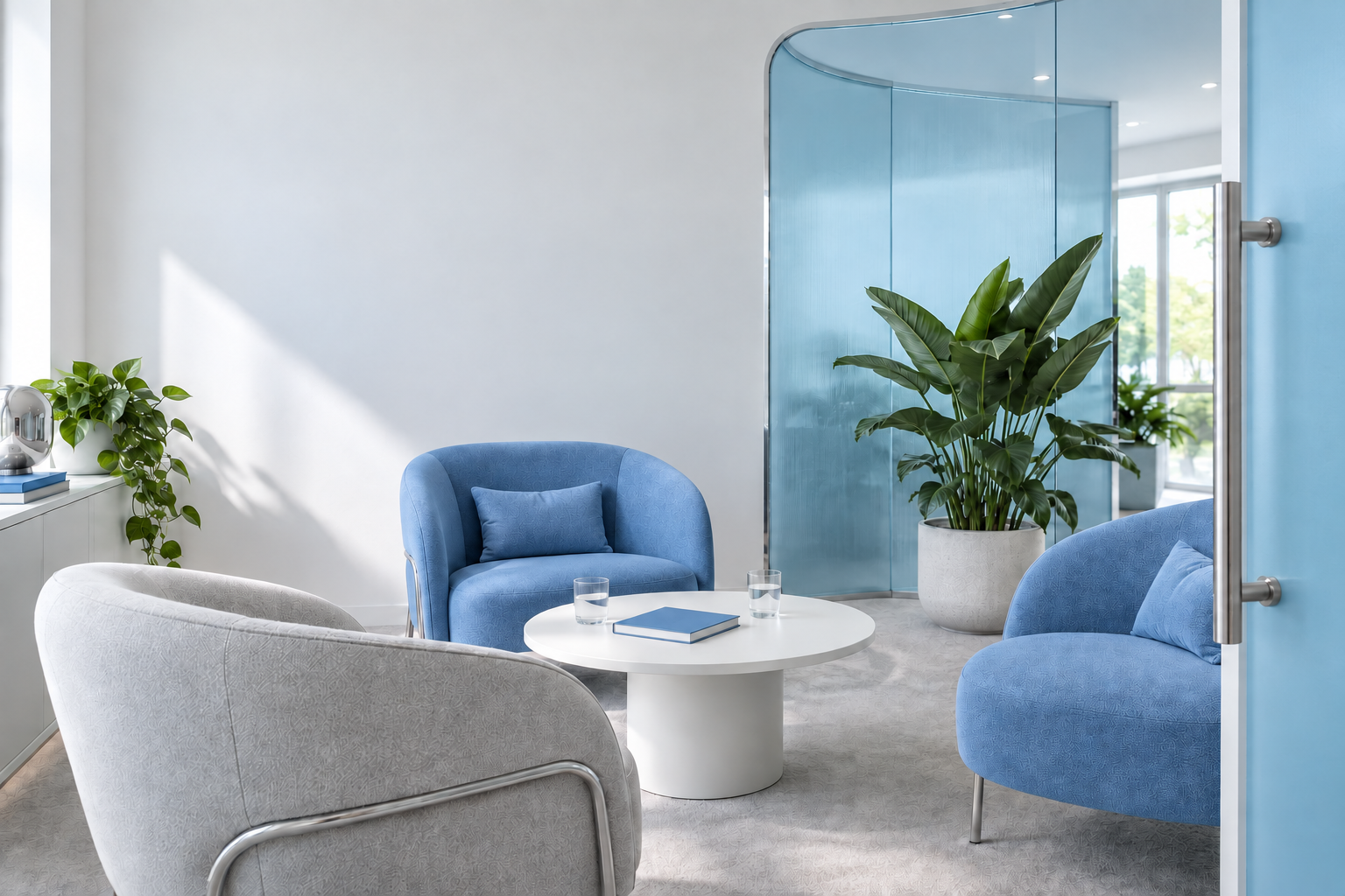 Inside the clinic: two blue armchairs and a pale visitor chair around a white table, blue book covers, natural green plants and curved glass with a blue tint.