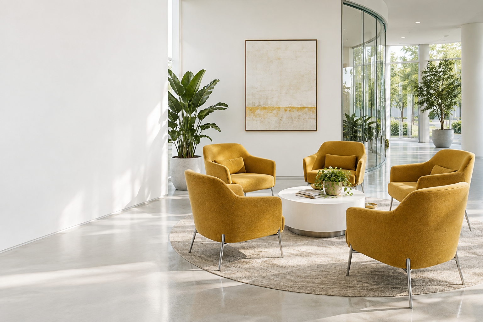 A bright shared clinic room with golden chairs gathered around a low white table, chrome details and green plants.