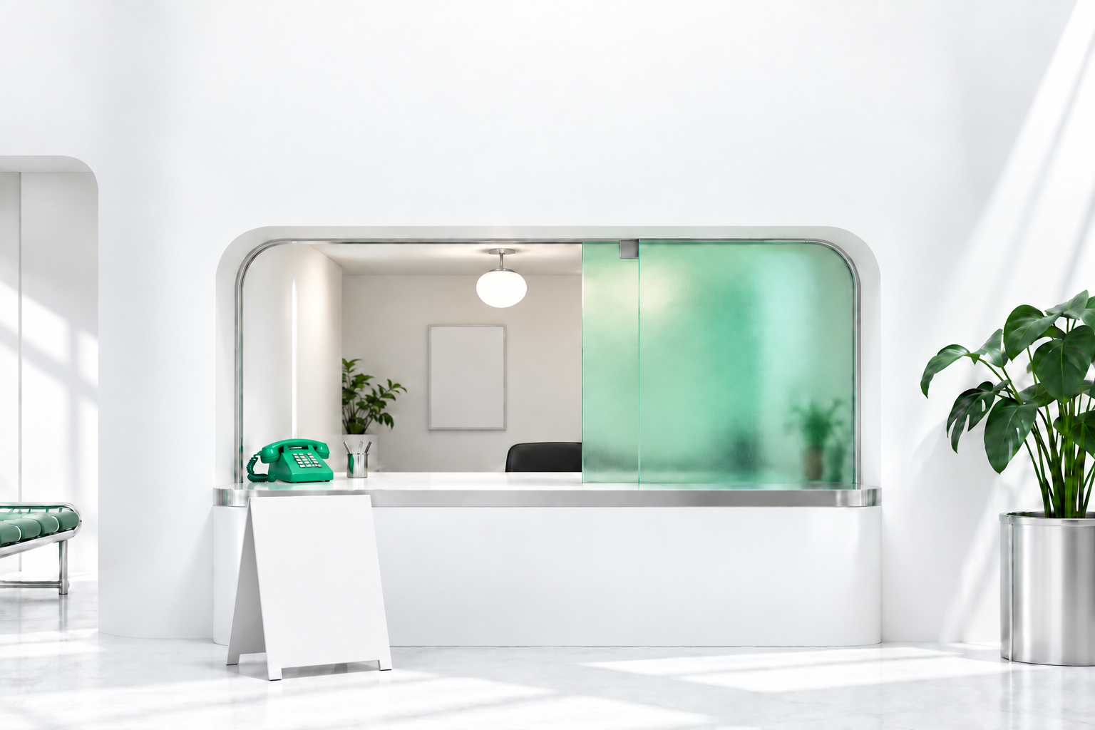 A bright white reception with green plants, a curved chrome counter, frosted glass, a telephone and a freestanding appointment sign.