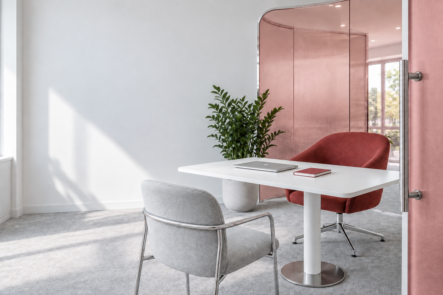 A quiet consultation room with a red chair, a white worktable, a closed laptop and red notebook, natural green plants and curved glass with a soft red tint.